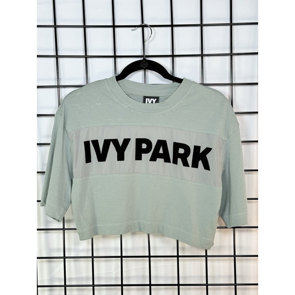 Ivy Park Beyonce Cropped Sheer Panel Black LOGO Tee Womens XXS Sage Green Active